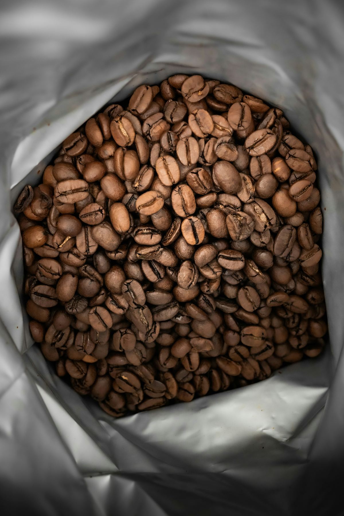 A bag of roasted coffee beans ready for shipment